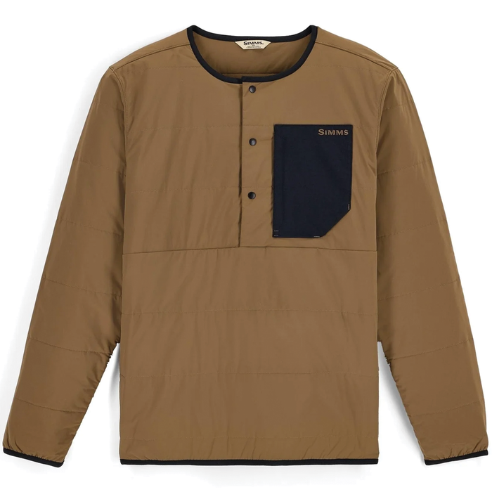 Simms Midstream Henley - Men's, lightweight long-sleeve pullover in brown with a black chest pocket featuring snap buttons, designed for outdoor fishing activities.