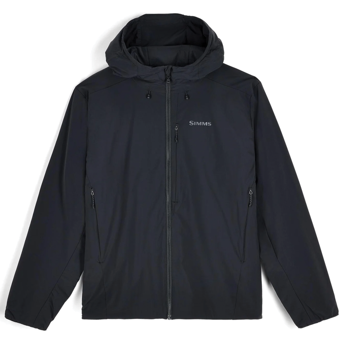 Simms Midstream Hooded Jacket - Men's in black, featuring a full front zipper, adjustable hood with drawstrings, two zippered side pockets, and a chest pocket, designed for comfort during fishing activities.