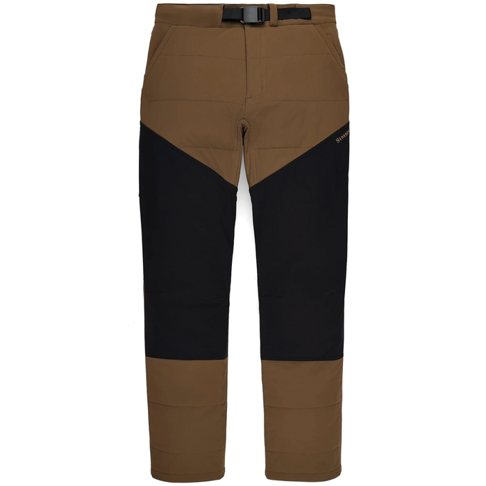 Simms Midstream Insulated Pants - Men's in brown and black, featuring an adjustable belt, reinforced knee panels, and designed for warmth and durability in fishing and outdoor activities.