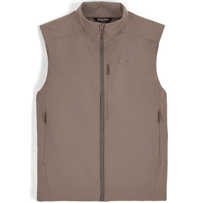 Simms Midstream Vest - Men's in taupe color with a full front zipper, high collar, and multiple zippered pockets designed for fishing and outdoor activities.