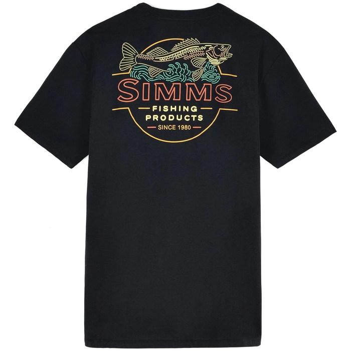 Simms Neon Draft T-Shirt - Men's featuring a black short-sleeve design with a colorful graphic of a fish above the text "SIMMS Fishing Products Since 1980" on the back.