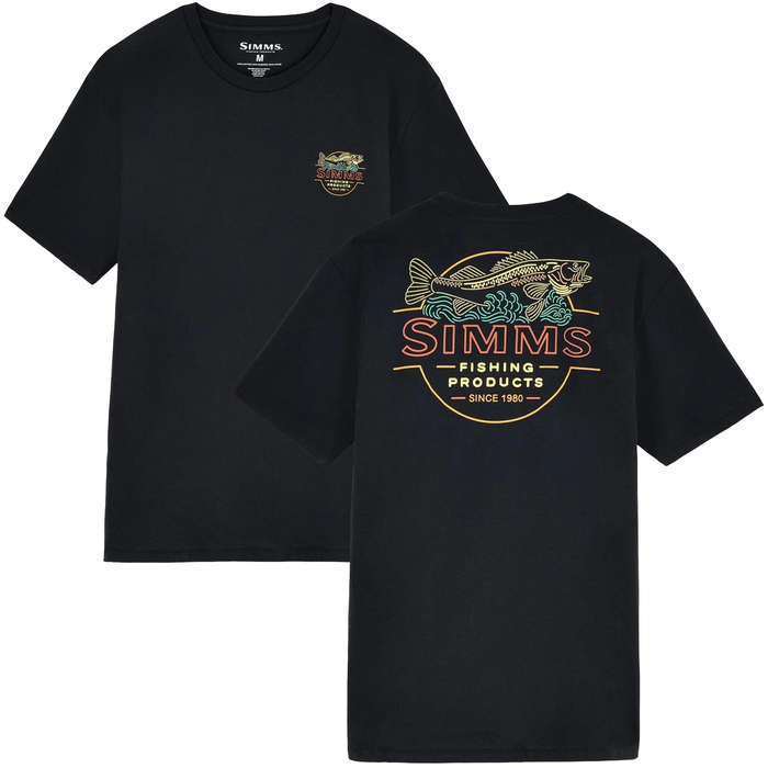 Black Simms Neon Draft T-Shirt - Men's featuring a small multicolor fish graphic and logo on the front left chest and a larger vintage-style fish and logo design on the back.