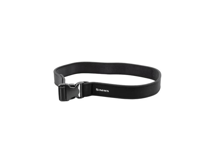 Simms Neoprene Wading Belt in black with adjustable strap and secure buckle, designed for durability and comfort during fishing activities.