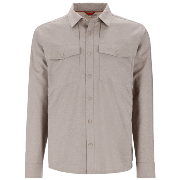 Simms No-See-Um BugStopper LS Shirt - Men's, long-sleeve tan button-up shirt with two chest pockets designed for fishing protection and comfort.