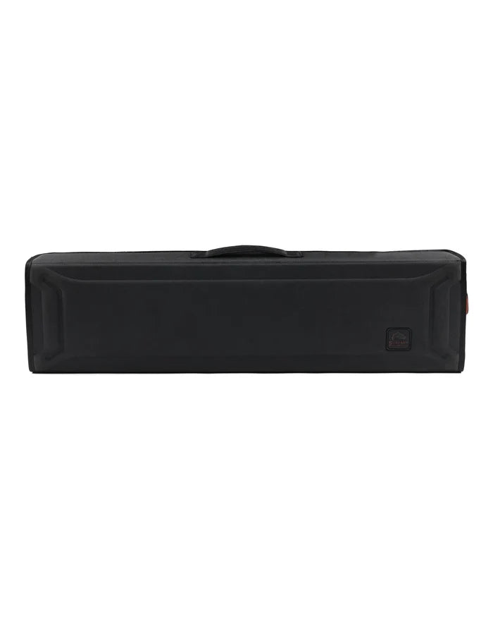 Simms Riverkit Rod Roll in black with a sturdy rectangular shape, designed to securely store and transport fishing rods and tackle for anglers.