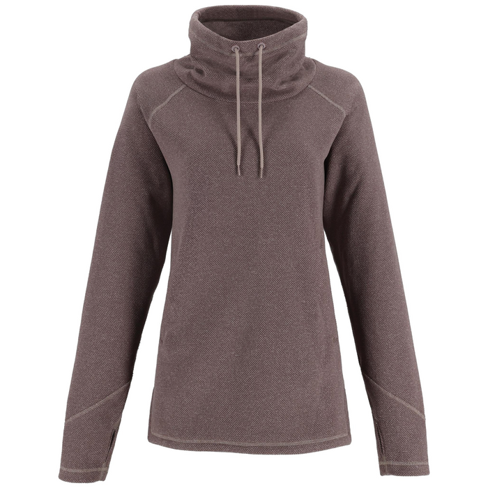 Simms Rivershed Sweater - Women's in muted brown with a high adjustable collar, long sleeves featuring thumb holes, and a textured fabric designed for outdoor comfort.