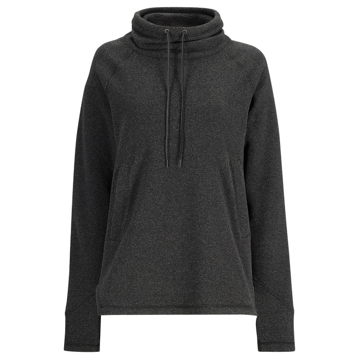 Simms Rivershed Sweater - Women's in dark charcoal gray with a high collar, adjustable drawstrings, long sleeves, and a front kangaroo pocket for outdoor fishing activities.
