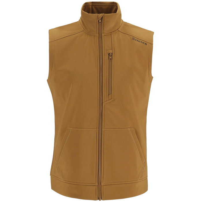 Simms Rogue Fleece Vest - Men's in brown, sleeveless design with front zipper, high collar, zippered chest pocket, and two lower hand pockets for fishing tackle and outdoor use.