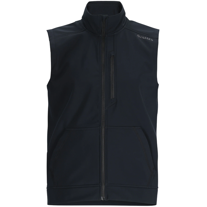 Simms Rogue Fleece Vest - Men's in black, sleeveless with full front zipper, high collar, chest zippered pocket, and two front hand warmer pockets ideal for fishing tackle and outdoor activities.