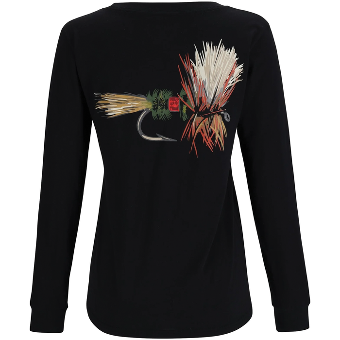 Simms Royal Wulff T-Shirt - Women's in black with long sleeves featuring a detailed colorful fishing fly graphic on the back, designed for fishing enthusiasts.