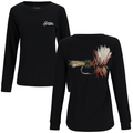 Simms Royal Wulff T-Shirt - Women's featuring a black long-sleeve design with a small Simms logo on the front and a detailed colorful fishing fly graphic on the back.