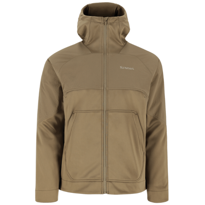 Simms Saginaw Hoody - Men's in tan with full front zipper, hood, two front pockets, and subtle logo on chest, designed for comfort and outdoor fishing activities.