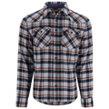 Simms Santee Flannel - Men's long-sleeve button-up shirt with blue, white, black, and brown plaid pattern, featuring two chest pockets and a classic collar.
