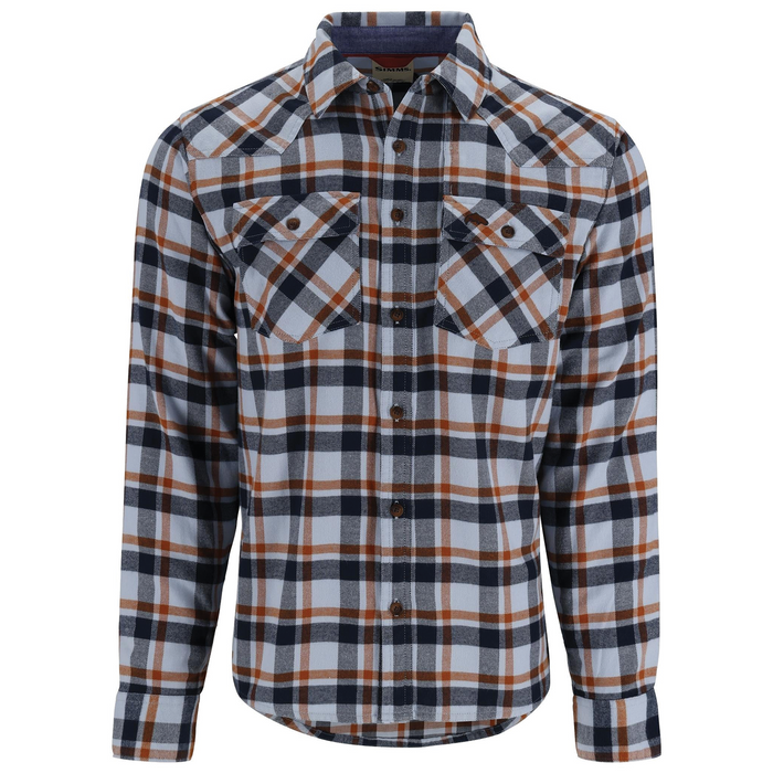 Simms Santee Flannel - Men's long-sleeve button-up shirt with blue, white, black, and brown plaid pattern, featuring two chest pockets and a classic collar.