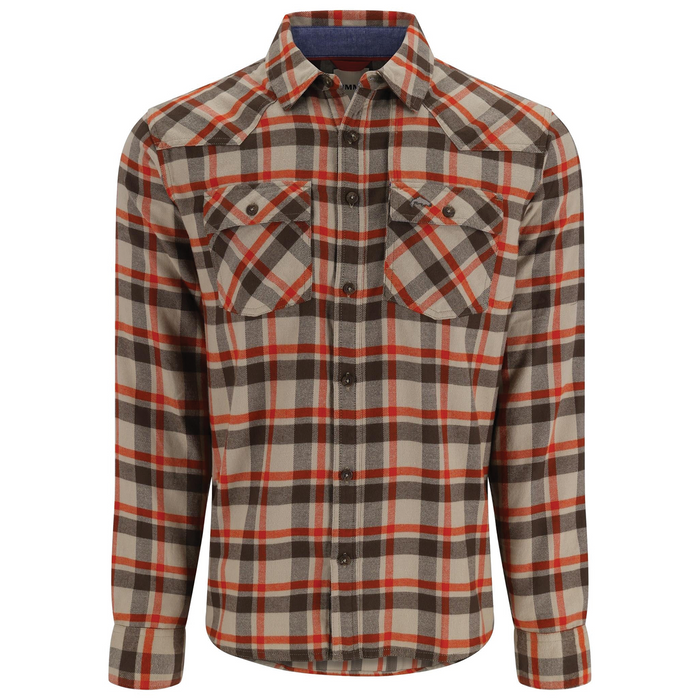 Simms Santee Flannel - Men's, long-sleeve plaid shirt with red, brown, and beige colors, featuring button closures and two chest pockets, designed for outdoor and fishing activities.
