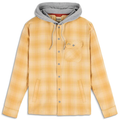 Simms Santee Flannel Hoody - Men's in a soft yellow plaid pattern with grey adjustable hood, snap-button front, chest pocket with flap, and side hand pockets, designed for fishing and outdoor use.