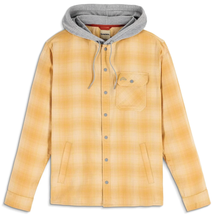 Simms Santee Flannel Hoody - Men's in a soft yellow plaid pattern with grey adjustable hood, snap-button front, chest pocket with flap, and side hand pockets, designed for fishing and outdoor use.