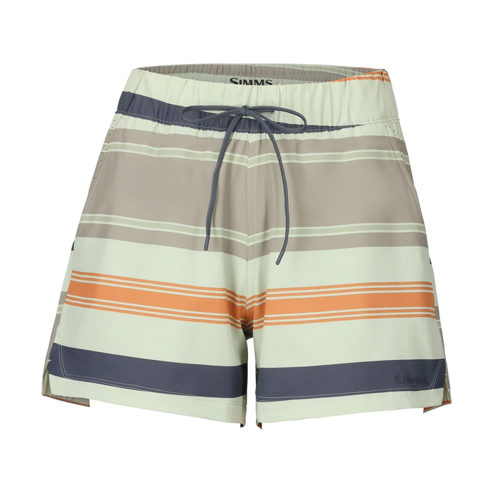 Simms Seamount Shorts - Women's featuring a drawstring waist and horizontal stripes in beige, cream, orange, and navy for comfortable, stylish fishing tackle apparel.