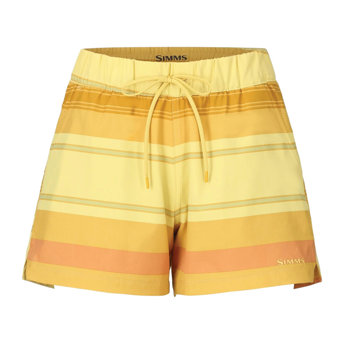 Simms Seamount Shorts - Women's in yellow tones with horizontal stripes, elastic waistband, and drawstring, designed for comfort during fishing or outdoor activities.