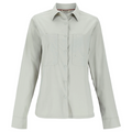 Simms Shearwater Shirt - Women's in light gray, long-sleeve with button front closure and two chest pockets, designed for outdoor fishing activities.