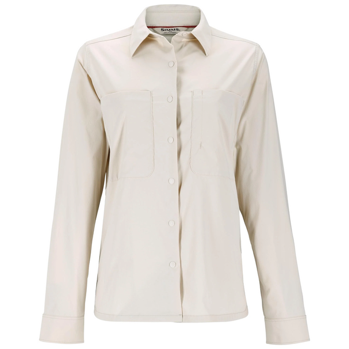 Simms Shearwater Shirt - Women's in light beige with long sleeves, front button closure, two chest pockets, and a classic collar, designed for fishing and outdoor wear.