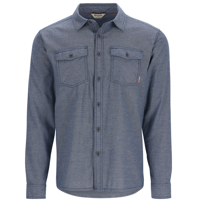 Simms Shoal Flannel - Men's blue long-sleeve button-up shirt with two chest pockets, designed for comfort and durability during outdoor fishing activities.