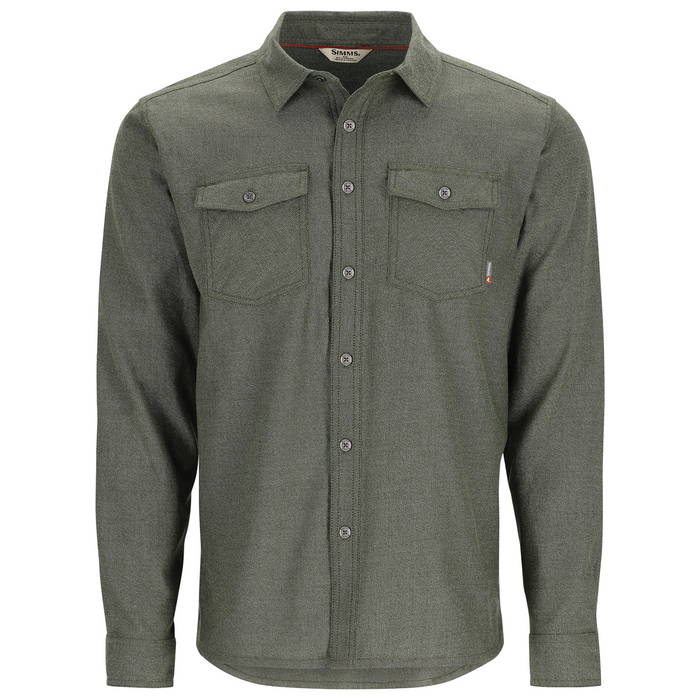 Simms Shoal Flannel - Men's long-sleeve olive green flannel shirt with button-front closure and two buttoned chest pockets, designed for comfortable outdoor fishing activities.