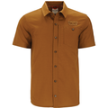 Simms Shop Shirt - Men's in brown with short sleeves, button-front closure, chest pocket, and embroidered logo patch, designed for comfortable outdoor fishing activities.
