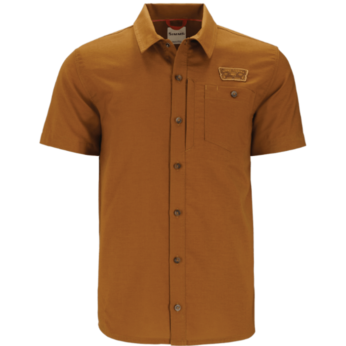Simms Shop Shirt - Men's in brown with short sleeves, button-front closure, chest pocket, and embroidered logo patch, designed for comfortable outdoor fishing activities.