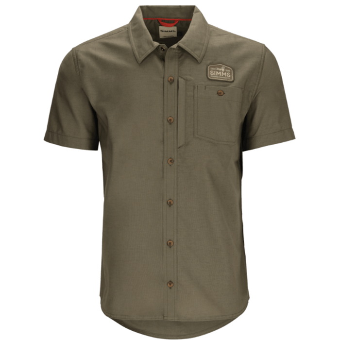 Simms Shop Shirt - Men's in olive green with short sleeves, button-down front, chest pocket, and a small embroidered Simms logo patch on the left chest.