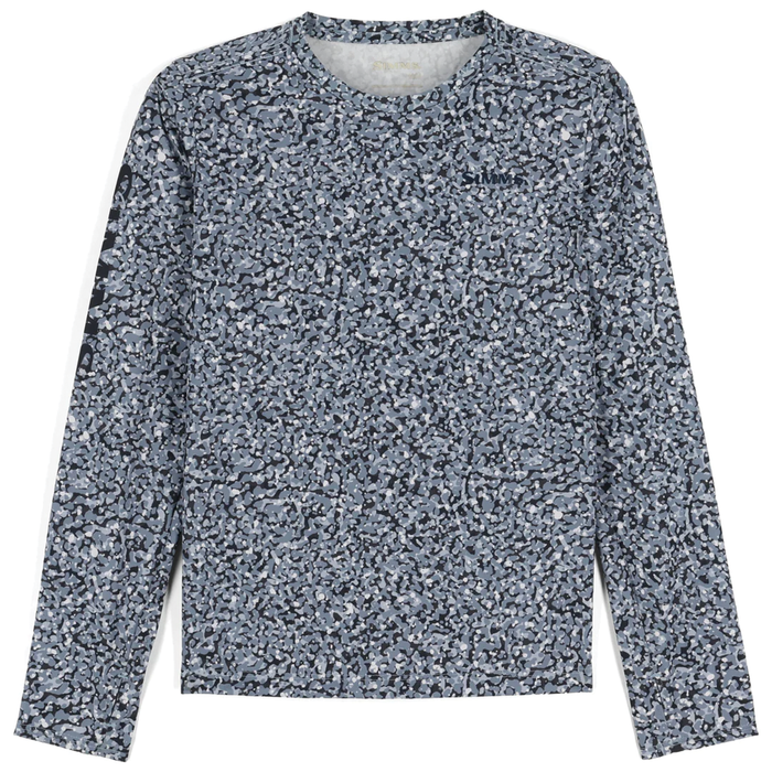 Simms Solar Tech Crew Neck - Kid's long sleeve shirt with blue and gray camouflage pattern, designed for sun protection and comfort in fishing and outdoor activities.