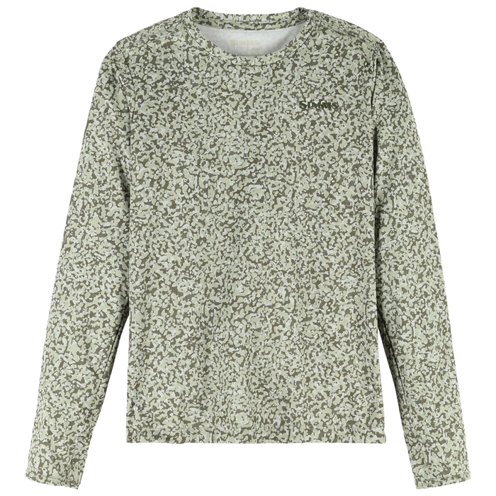 Simms Solar Tech Crew Neck - Kid's long-sleeve shirt in light green with an all-over camo pattern, designed for sun protection during outdoor fishing activities.