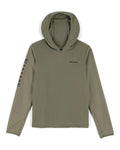 Simms Solar Tech Hoody - Kid's in olive green with long sleeves, thumb holes, and a hood, designed for sun protection during fishing and outdoor activities.