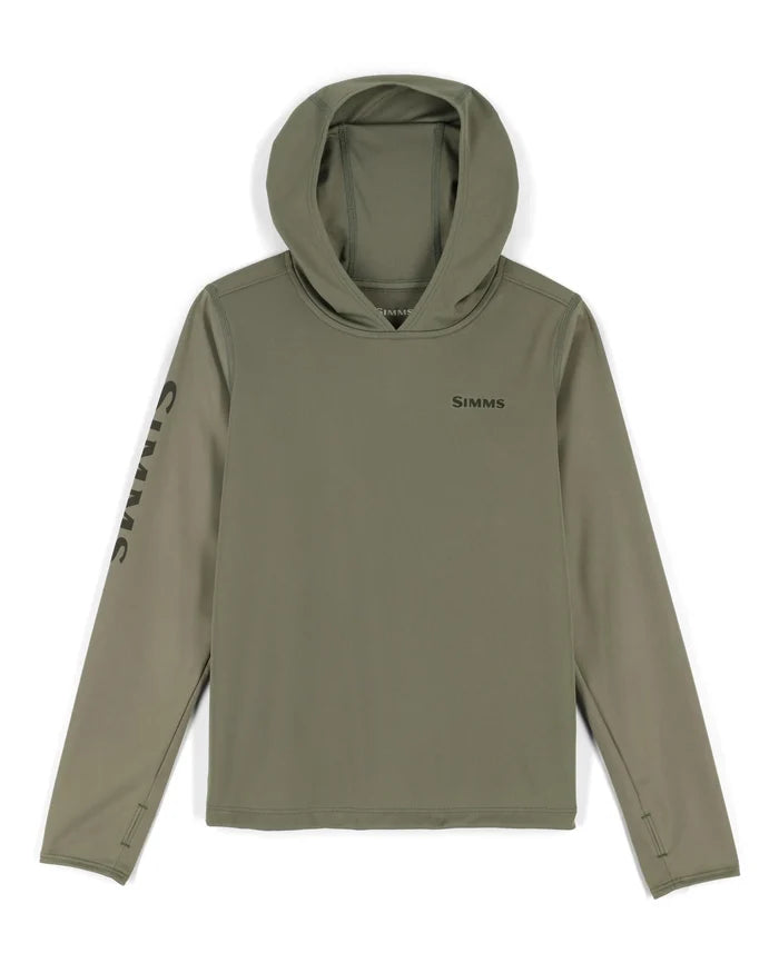 Simms Solar Tech Hoody - Kid's in olive green with long sleeves, thumb holes, and a hood, designed for sun protection during fishing and outdoor activities.
