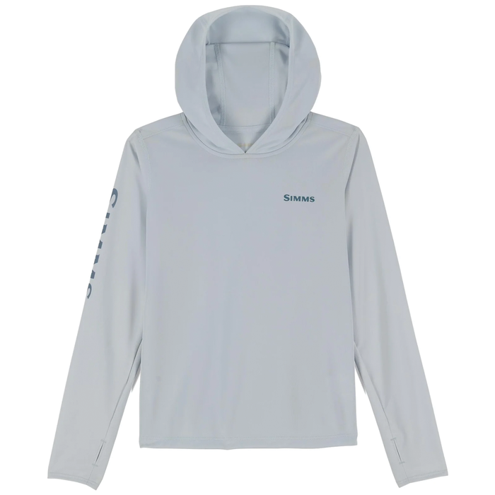 Simms Solar Tech Hoody - Kid's in light gray with long sleeves, a hood, and thumb holes, designed for sun protection during fishing and outdoor activities.