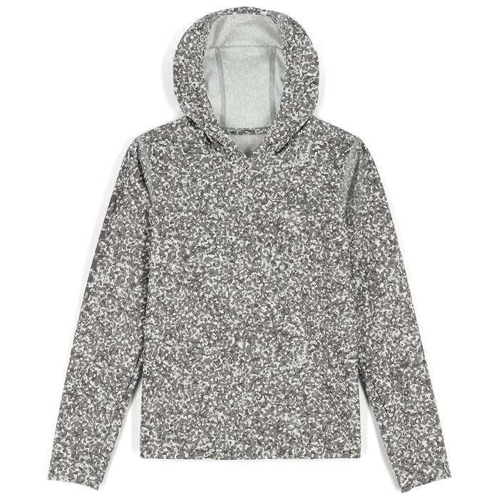 Simms Solar Tech Hoody - Kid's in gray and white camo pattern, lightweight long-sleeve hooded shirt designed for sun protection and comfort during fishing or outdoor activities.
