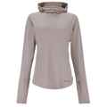 Simms SolarFlex Cooling Hoody - Women's in light taupe with long sleeves, thumbholes, and adjustable hood designed for sun protection and cooling during fishing activities.