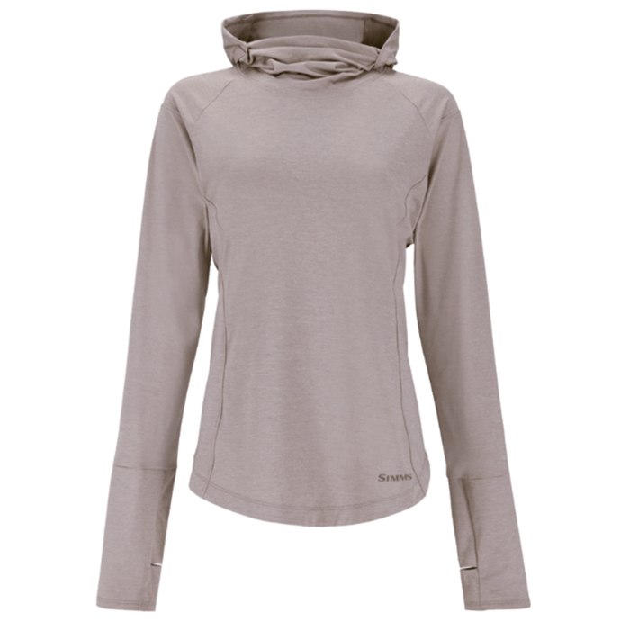 Simms SolarFlex Cooling Hoody - Women's in light taupe with long sleeves, thumbholes, and adjustable hood designed for sun protection and cooling during fishing activities.