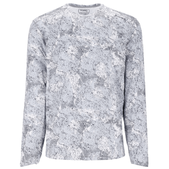 Simms SolarFlex Crewneck Shirt - Men's (2025) in a gray and white camo pattern with long sleeves, designed for outdoor fishing comfort and sun protection.