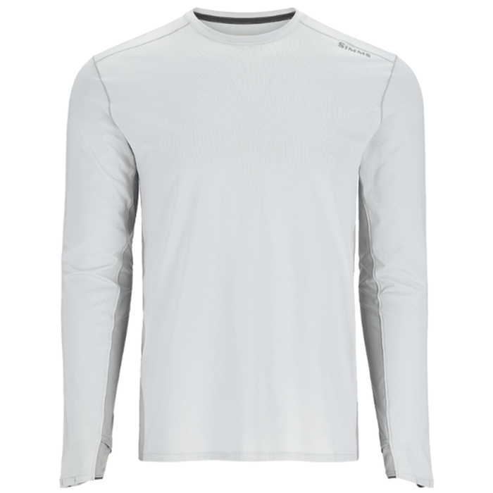 Simms SolarFlex Crewneck Shirt - Men's (2025) in light gray, featuring long sleeves, a crew neckline, and breathable fabric designed for comfortable fishing and outdoor activities.