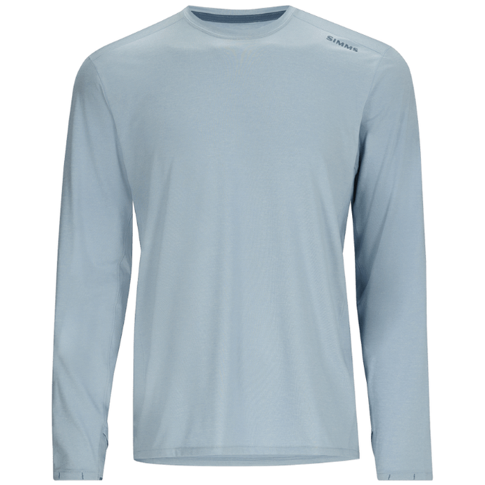 Simms SolarFlex Crewneck Shirt - Men's (2025) in light blue, long-sleeve fishing shirt designed for sun protection with a lightweight, breathable fabric and subtle Simms logo on the shoulder.