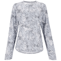 Simms SolarFlex Crewneck Shirt - Women's in a gray and white textured pattern, featuring long sleeves and a lightweight design ideal for fishing and outdoor activities.