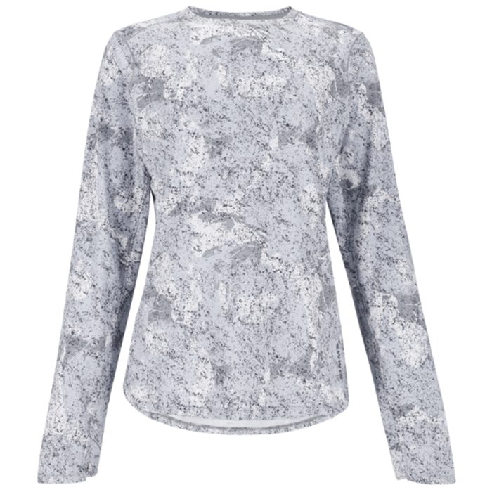 Simms SolarFlex Crewneck Shirt - Women's in a gray and white textured pattern, featuring long sleeves and a lightweight design ideal for fishing and outdoor activities.