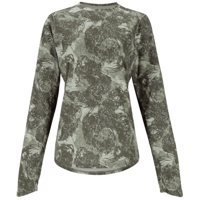Simms SolarFlex Crewneck Shirt - Women's, lightweight long-sleeve shirt with green and gray camouflage pattern designed for fishing and outdoor activities.