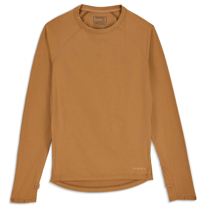Simms SolarFlex Crewneck Shirt - Women's in brown, featuring long sleeves, thumb holes, and moisture-wicking fabric designed for comfort during fishing and outdoor activities.