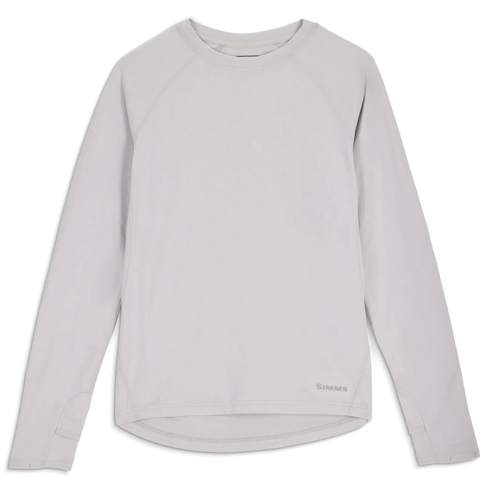Simms SolarFlex Crewneck Shirt - Women's in light gray with long sleeves, crew neckline, and subtle logo near the hem, designed for comfort and sun protection during fishing activities.