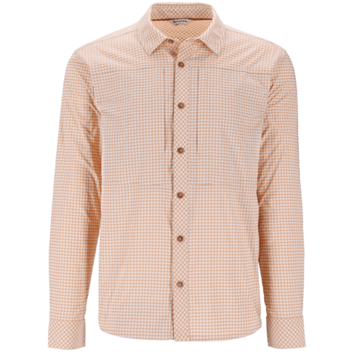 Simms Stone Cold LS Shirt - Men's shown in a light orange and white small checkered pattern, long-sleeve button-up style with a front chest pocket, designed for fishing and outdoor activities.