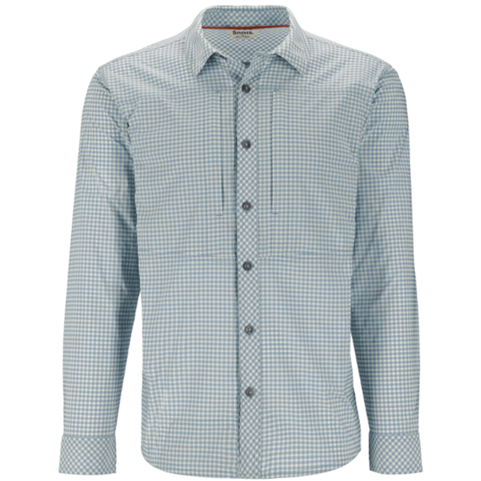 Simms Stone Cold LS Shirt - Men's in light blue and white checkered pattern, long sleeves, button front, and classic collar, designed for outdoor fishing activities.