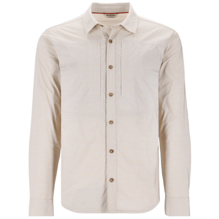 Simms Stone Cold LS Shirt - Men's in light beige with long sleeves, button front closure, and a structured collar, designed for outdoor fishing comfort and durability.