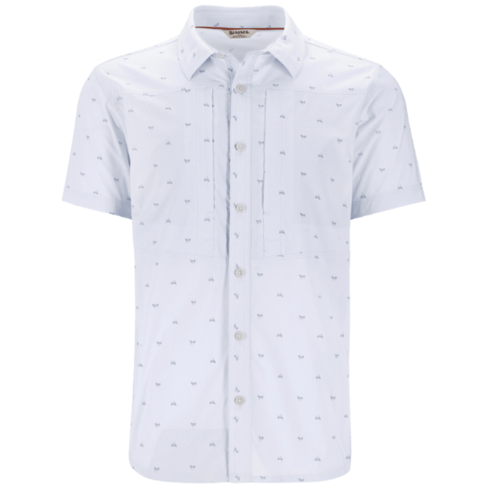 Simms Stone Cold SS Shirt - Men's, short-sleeve white fishing shirt with subtle all-over small pattern, button-front, and chest pockets designed for comfort and functionality.